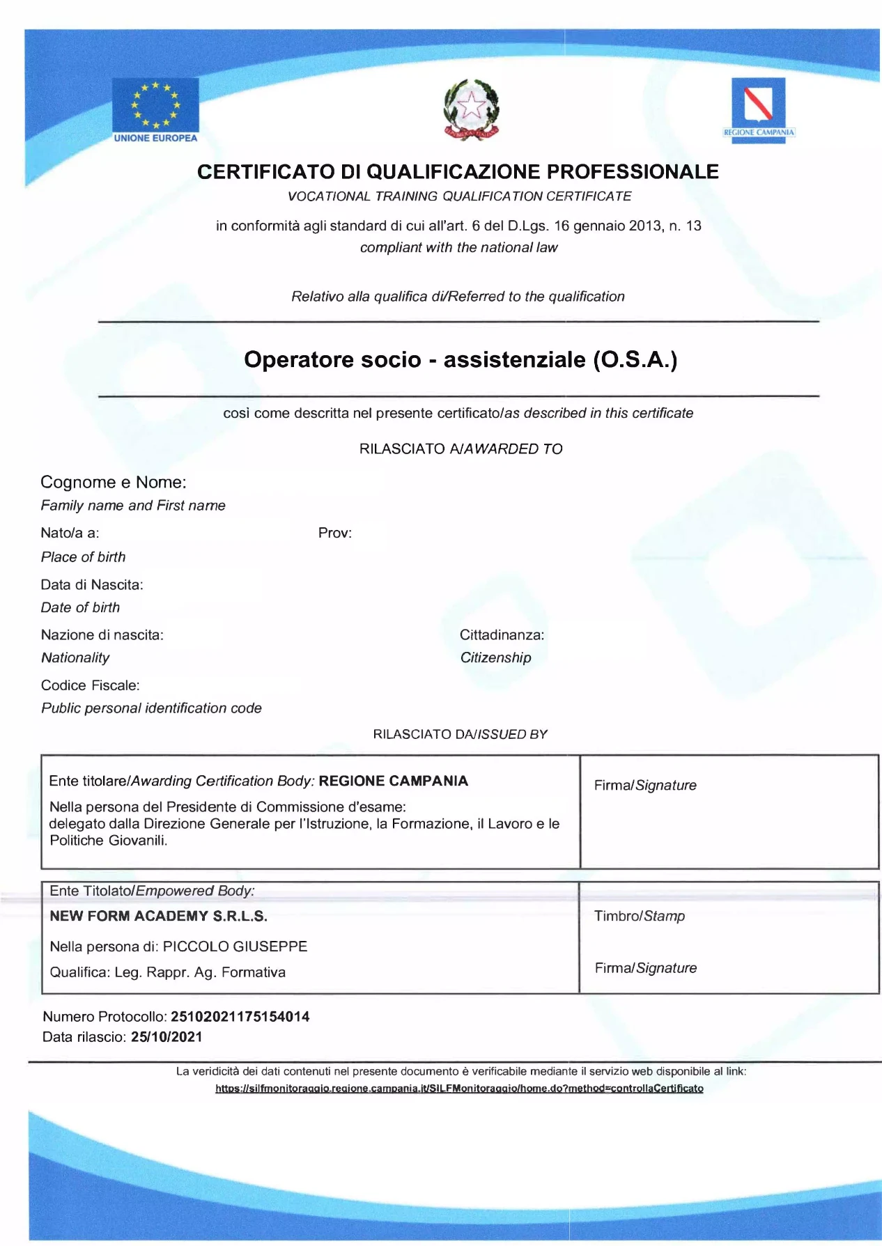 FAC-Simile di Certificato di Qualifica OSA rilasciato alla fine del Corso Online OSA Attestato